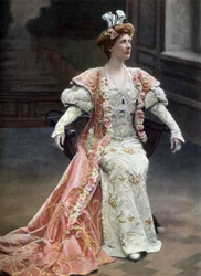 Schottische Opernsängerin Mary Garden (1874-1967) als Orlanda in der Oper "La reine Fiammette" in Paris, Foto von Cautin et Berger aus der französischen Zeitung "Le Theatre" vom 11. Februar