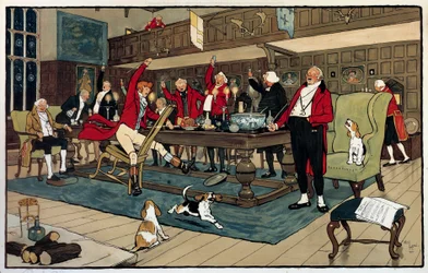 Frühstück des Jägers. Zurück von der Jagd erzählen die Jäger von ihren Taten. Gravur von Cecil Aldin (1870 -? ), England. Sammlung Go.