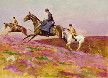 Lady Currie mit ihren Söhnen Bill und Hamish bei der Jagd auf Exmoor