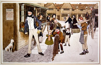 Pigg geht, um das Zeugnis zu erhalten, Illustration aus Handley Cross von R. S. Surtees