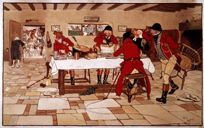 Die drei Tauben-Snack. Jäger kochen und essen schnell, bevor sie zur Jagd aufbrechen. Stich von Cecil Aldin (1870 -? ), England. Sammlung Deal