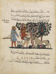 Griechischer Arzt Erasistratos mit einem Assistenten, Folio aus einer arabischen Übersetzung der Materia Medica von Dioscorides, 1224