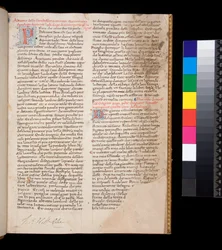 Ms 148. Gregor der Große, Dialogi in italienischer Übersetzung von Domenico Cavalca, f.1r Verzierte Buchstaben [P] und [D] in Rot mit Federarbeit in Blau