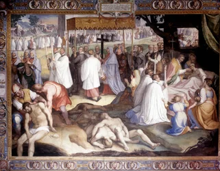 Pest von Mailand: Der heilige Karl Borromäus (1538-1584) kommuniziert die Sterbenden. Fresko von Carlo Nebbia im Borromäus-Kolleg in Pavia. 16. Jahrhundert.