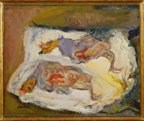 Zwei Hühner auf einem weißen Tuch, ca. 1924-25