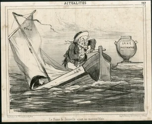 Illustration von Cham (1819-1879) in Le Charivari, circa 1850 - Der Prinz von Joinville hat einen schlechten Piloten - Wahlen, Präsident der Republik, Maritime Marine Nautique Balneaire - Thiers Adolphe, Francois d