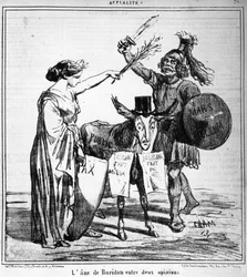 Buridans Esel zwischen zwei Meinungen - von Cham, in „Charivari“ vom 29.04.1859