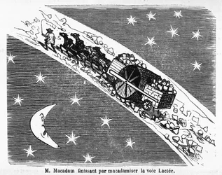 Karikatur über die Pflasterung von Straßen, MacAdam, schottischer Ingenieur (1756-1838): „M. Macadam endet damit, die Milchstraße zu asphaltieren“ - in „Album Charivarique“, Illustration von Cham