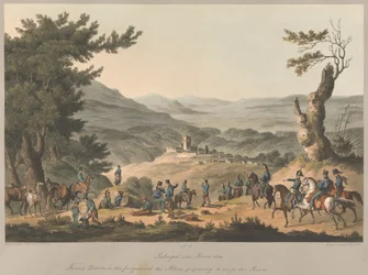 Nr. 5. Sabugal am Fluss Coa Französische Vorposten im Vordergrund die Alliierten bereiten sich darauf vor, den Fluss zu überqueren