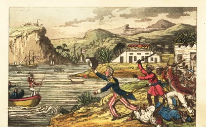Englischer Marineoffizier flieht vor einem wütenden Plantagenbesitzer und versklavten Männern mit Knüppeln in Jamaika