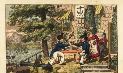 Seekadett Newcome und Steuermannsmaat Spunyarn trinken das Getränk Black Strap oder Málagawein in der Navy Tavern auf dem Gipfel des Scud Hill, Gibraltar