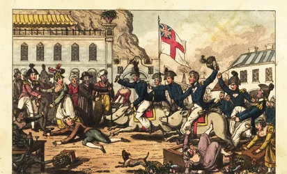 Offiziere der Royal Navy reiten auf Schweinen mit Sätteln durch den Markt in Gibraltar