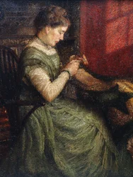 Porträt einer Dame, die in einem Sessel sitzt und näht