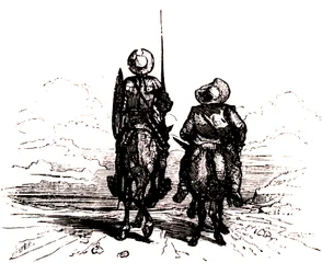 Don Quijote auf seinem Pferd, neben Sancho auf seinem Esel