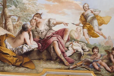 Die Ruhe der Diana unter den Nymphen (Il riposo di Diana tra le Ninfe), Fresko, Gewölbedecke des Schlafzimmers, Königinnenwohnung, Stupinigi, Piemont, Italien