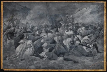 Die Niederlage der ägyptischen Armee unter Hicks Pasha durch die Streitkräfte des Mahdi Muhummad Ahmad bei El Obeid, 5. November 1883 (Aquarell en grisaille)