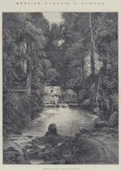 Englische Häuser, Bowood, Kaskade im Park, am Ende des Sees