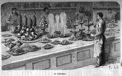 Küchen des Palais des Tuileries: Zubereitung von Desserts während eines Empfangs unter dem Zweiten Kaiserreich. Gravur von Barbant