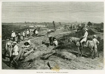 Verlegung der transkaspischen Schienen. Gravur von Ch. Barbant zur Illustration der Geschichte Voyage à Merv, von Edgar Boulanger, in Le Tour du Monde 1887, unter der Leitung von Edouard Charton, Hachette, Paris
