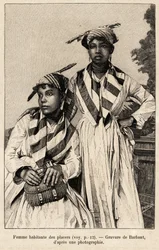 Frauen, die in Seifen, Mineralvorkommen leben. Gravur von Barbant zur Illustration der Geschichte "chez nos indiens, quatre années de voyage dans la Guiane française"