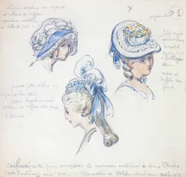 Frisuren und Kopfbedeckungen, für die Rolle der Camille in der Aufführung von "Spielt nicht mit der Liebe" von Alfred de Musset