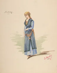 Kostümentwurf für Andrey, Beschreibungsblatt der Accessoires, 1889