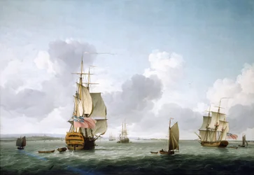 Ein Schiff mit zwei Decks und eine Fregatte, die die Themse (England) hinauffahren, vor Gravesend. Öl auf Leinwand von Charles Brooking (1723-1759)