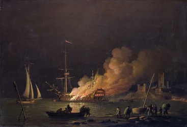 Schiff in der Nacht in Brand, ca. 1756