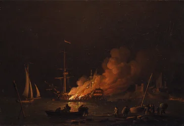 Schiff in der Nacht in Brand