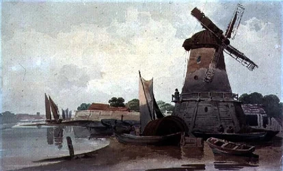 Ansicht auf die Themse, mit Windmühle und Booten