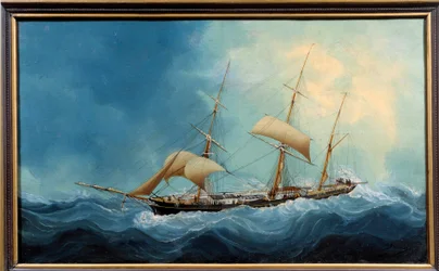 Ein Dreimastsegler in der Flucht. Gemälde von Charles Cheri Dubreuil (Cheri-Dubreuil) (1828-1880) 1865 - Fécamp. Musée des Terre-Neuvas - Ein Dreimaster auf der Flucht. Gemälde von Charles Dubreuil (19. Jahrhundert)