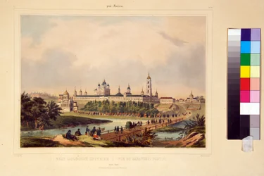 Ansicht des Sarower Klosters. Das Kloster des Seraphim von Sarow (1759-1833), orthodoxer Heiliger. Gravur von Charles Claude Bachelier, koloriert mit Aquarell, Anfang 19. Jahrhundert.
