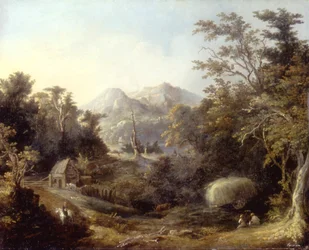 Landschaft mit Bauernhof und Bergen
