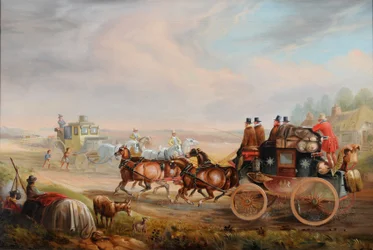 Hull-London Royal Mail trifft auf eine Reisekutsche auf der Straße, ca. 1835