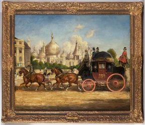 Der London-Brighton Postkutsche vor dem Royal Pavilion, Brighton