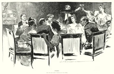 Puzzle, finde den Mann, der für das Abendessen bezahlt (Lithographie)