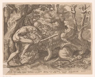 Herkules hält den nemeischen Löwen im Würgegriff