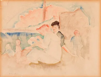 Ohne Titel (Zwei Frauen und drei Kinder am Strand)