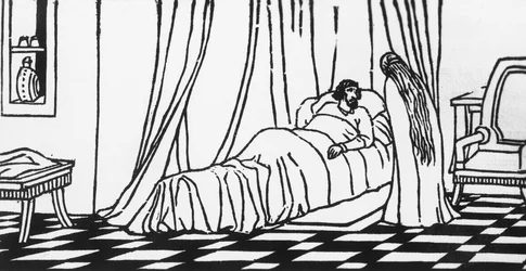 Melisande besucht Golaud, der nach einem Sturz vom Pferd im Bett liegt, Holzschnitt von Charles Doudelet (1861-1938) für Pelleas und Melisande von Maurice Maeterlinck (1862-1949), veröffentlicht von Claudio Argentieri, Spoleto, Italien