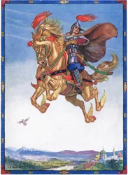 Das Pferd flog durch die Luft, Szene aus Der Ritter der Blumen in Kindererzählungen aus rumänischen Legenden von Moses Gaster