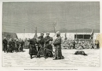 Übungen im Umgang mit Taifourchi-Bollwerkgewehren, Truppen, die von der chinesischen Armee bewaffnet und ausgebildet wurden, Zeichnung von Delort, zur Illustration der Erinnerungen einer englischen Botschaft in Kachgar (oder Kashi, China) in den Jahren 18