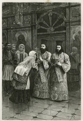 Priester reichen heilige Bilder zum Küssen, Stich von Ch. Delort zur Illustration von Henri Belles Reise nach Griechenland in den Jahren 1861, 1868 und 1874, veröffentlicht in Le Tour du monde unter der Leitung von Édouard Charton