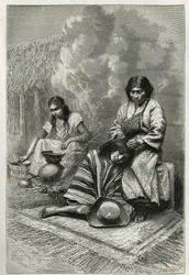 Die Verwöhnung eines Kindes durch seine Mutter und die Herstellung von Zuckerrohrschnaps (Rum), nahe Cali (Cauca-Tal, Kolumbien), Gravur von Ch. Delort, zur Illustration der Geschichte von Equinoxiale Amerika von E. Andre, eine Missionsaufgabe der französi