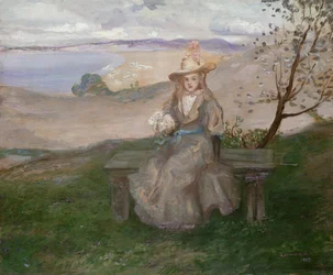 Mädchen mit Blumenstrauß über Swanage Bay, 1899