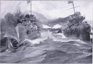 Ein Kampf zwischen Zerstörern, Illustration aus Cassells Geschichte des Russisch-Japanischen Krieges Band 1, ca. 1900