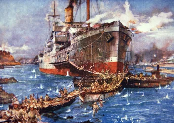 Britische Truppen landen vom Fluss Clyde am V Beach, Gallipoli, 25. April 1915
