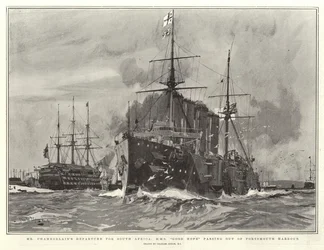 Mr. Chamberlains Abreise nach Südafrika, H.M.S. Good Hope verlässt den Hafen von Portsmouth