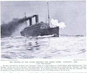 Die Eröffnungsaktion zwischen den bewaffneten Linern Carmania und Cap Trafalgar, Südatlantik, September 1915