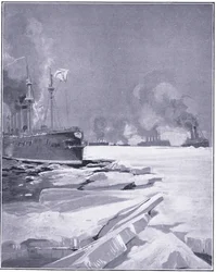 Wladiwostok-Geschwader zwingt sich durch das Eis aus dem Hafen von Wladiwostok, Illustration aus Cassells Geschichte des Russisch-Japanischen Krieges Band 1, ca. 1900