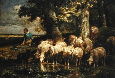 Eine Schäferin mit ihrer Herde